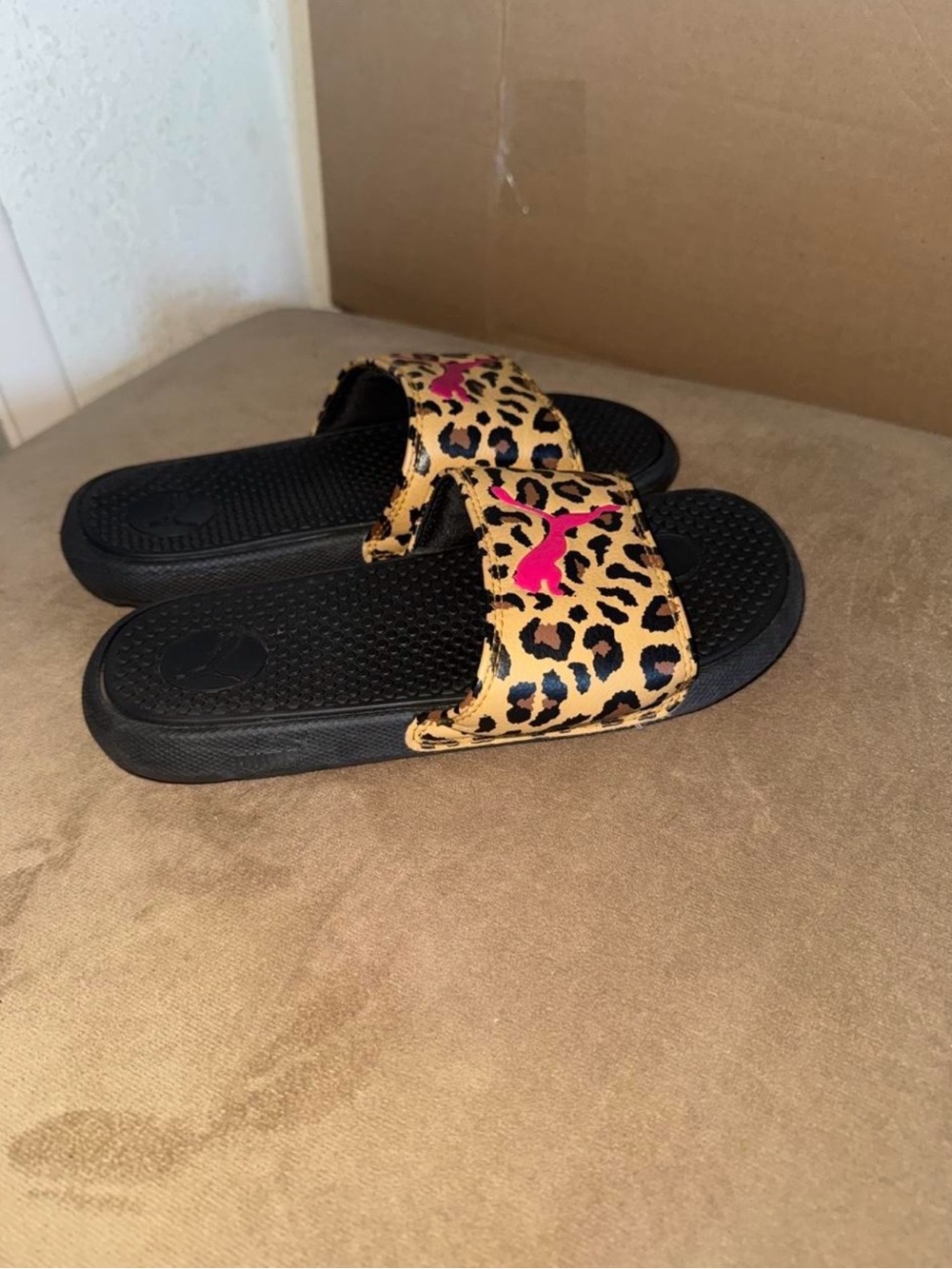 Puma Leopard Print Slide Sandals with Pink Logo - Women